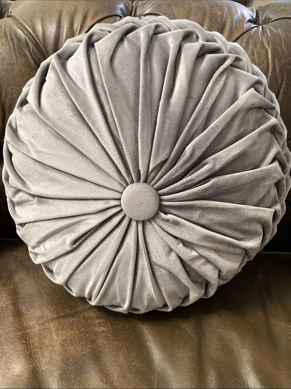Silver Gray Round 16-Inch Pleated Velvet Accent Pillow